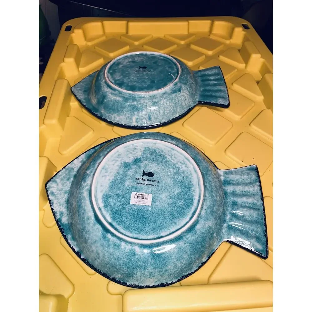 X2 Lot Paola Navone Fish Deep Serving Plate Bowl Teal & Black Crate & Barrel 12”